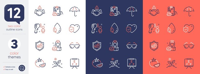 Set of Grow plant, Umbrella and Vision board line icons. Include Medical tablet, Tomato, Life insurance icons. Leaf dew, Electronic thermometer, Dont handshake web elements. Eyeglasses. Vector