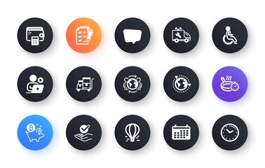 Minimal set of Wallet, Outsourcing and Calendar flat icons for web development. Disability, Survey checklist, Inventory cart icons. Frying pan, Approved, Car service web elements. Vector