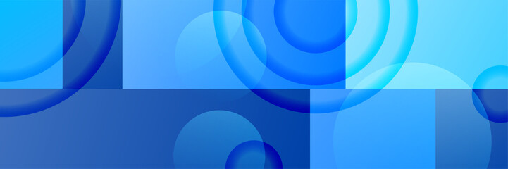 Modern blue abstract web banner background creative design. Banner design with square, triangle, circle, halftone, and dots. Vector abstract graphic design banner pattern background template.