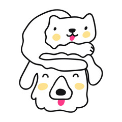 Cat sit on dog's head. Funny illustration. Outline vector icon graphic design on white background.