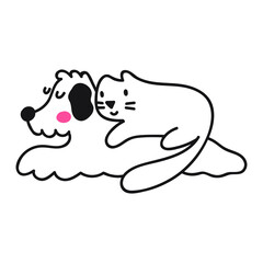 Dog and cat lay together. Best friends. Outline hand drawn vector illustration.