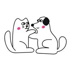 Domestic animals cat and dog shake hands. Hand drawn outline vector illustration on white background.