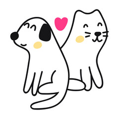 Cat and dog two friends. Icon vector outline illustration.