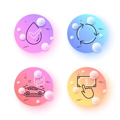 Payment click, Car service and Dermatologically tested minimal line icons. 3d spheres or balls buttons. Recycling icons. For web, application, printing. Vector