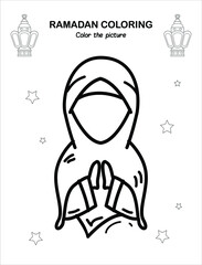 Muslim Girl kids outline Ramadan Children Coloring book pages , Islamic month ramadan worksheet ,Sketch outline black and white pages . Kids education. Vector illustration 