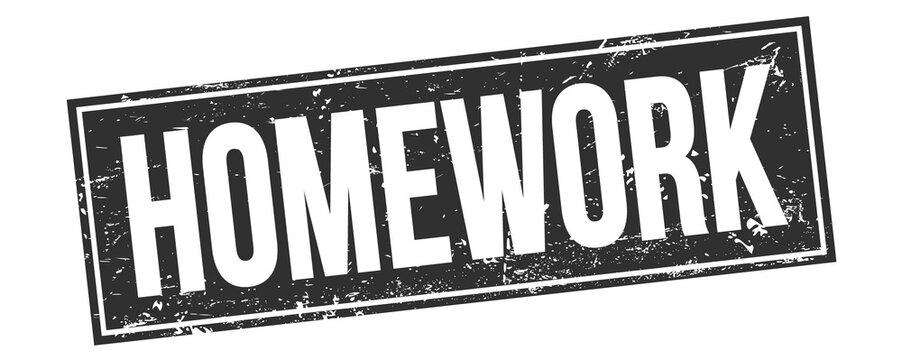 HOMEWORK text on black grungy rectangle stamp.