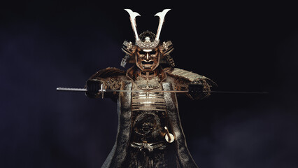 A samurai figure wearing gold armor and drawing a sword in the fog. 3D illustration.