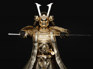 A samurai figure wearing gold armor and drawing a sword on dark background. 3D illustration.
