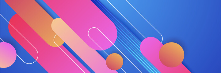 Modern colorful abstract geometric banner background. Tech banner design with square, triangle, circle, and geometric shapes. Vector abstract graphic design banner pattern background template.