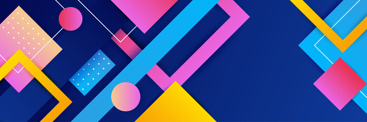 Modern colorful abstract geometric banner background. Tech banner design with square, triangle, circle, and geometric shapes. Vector abstract graphic design banner pattern background template.