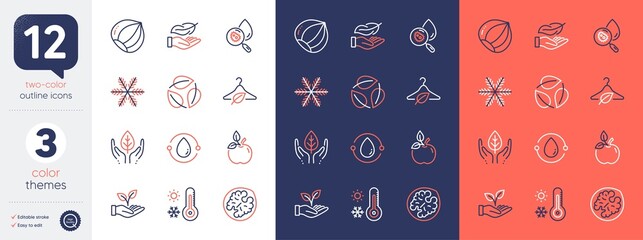 Set of Slow fashion, Hazelnut and Cold-pressed oil line icons. Include Helping hand, Fair trade, Eco food icons. Walnut, Weather thermometer, Snowflake web elements. Leaves, Lightweight. Vector