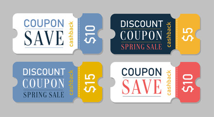 Special offer gift coupon template to save money. Monetary voucher with 5, 10 dollar discount for shopping vector illustration isolated on white background