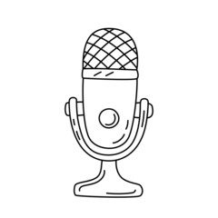 Microphone line sketch. Podcast or music item. Editable outline. Hand drawn black and white vector icon