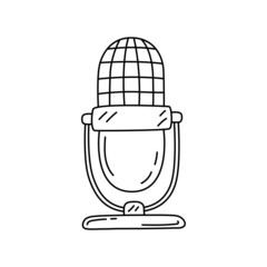 Microphone line sketch. Podcast or music item. Editable outline. Hand drawn black and white vector icon