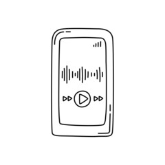 Smartphone sketch. Podcast item. Illustration for broadcast. Editable outline. Hand drawn black and white vector icon