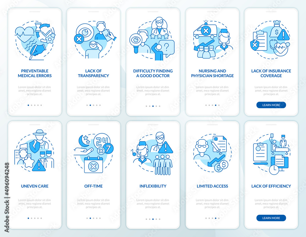 Poster problems with healthcare system blue onboarding mobile app screen set. walkthrough 5 steps graphic i