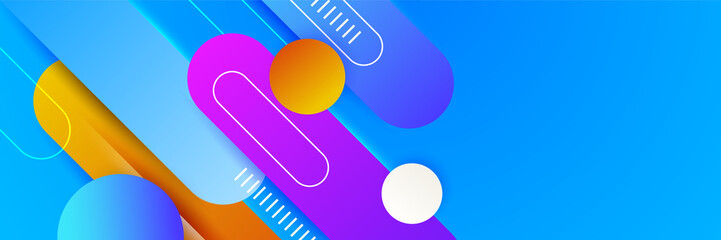 Modern colorful blue abstract geometric banner background. Tech banner with square, triangle, circle, and geometric shapes. Vector abstract graphic design banner pattern background template.