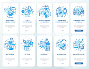 Fototapeta na wymiar Problems with healthcare system blue onboarding mobile app screen set. Walkthrough 5 steps graphic instructions pages with linear concepts. UI, UX, GUI template. Myriad Pro-Bold, Regular fonts used