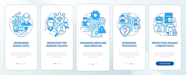 Fototapeta na wymiar Healthcare system challenges blue onboarding mobile app screen. Walkthrough 5 steps graphic instructions pages with linear concepts. UI, UX, GUI template. Myriad Pro-Bold, Regular fonts used