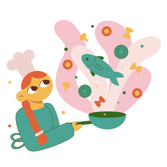 Vector flat cartoon illustration. Chefs in the kitchen. The cook is frying the fish. The cook is preparing a dish.