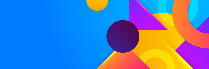 Modern colorful blue abstract geometric banner background. Tech banner with square, triangle, circle, and geometric shapes. Vector abstract graphic design banner pattern background template.