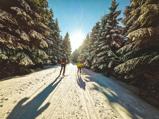 Wintersport Langlauf Langläufer in Winterlandschaft mit Schnee und blauen Himmel