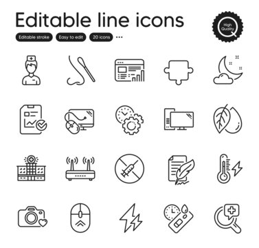 Set of Science outline icons. Contains icons as Photo camera, Time management and No vaccine elements. Swipe up, Electricity power, Computer web signs. Puzzle, Web report, Covid test elements. Vector