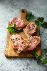 Traditional pork pate or sausage on a white bread