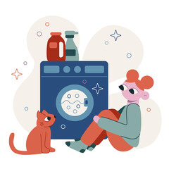 Vector flat cartoon illustration. Housework. Girl is washing clothes in the washing machine.