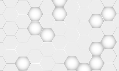 Light gray hexagonal technology 3D vector abstract background. White bright energy flashes under hexagon in technology futuristic modern background vector illustration. White honeycomb texture grid.