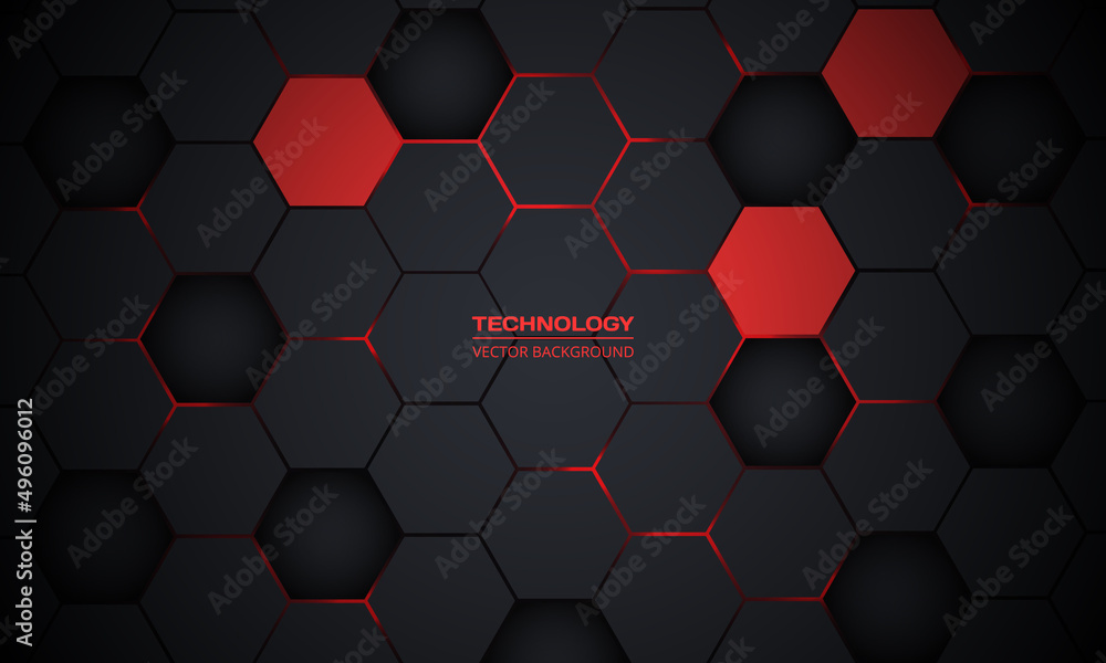 Leinwandbilder Red and dark gray hexagonal technology abstract vector background. Red bright energy flashes under hexagon in futuristic modern technology background vector illustration. Black honeycomb texture grid.