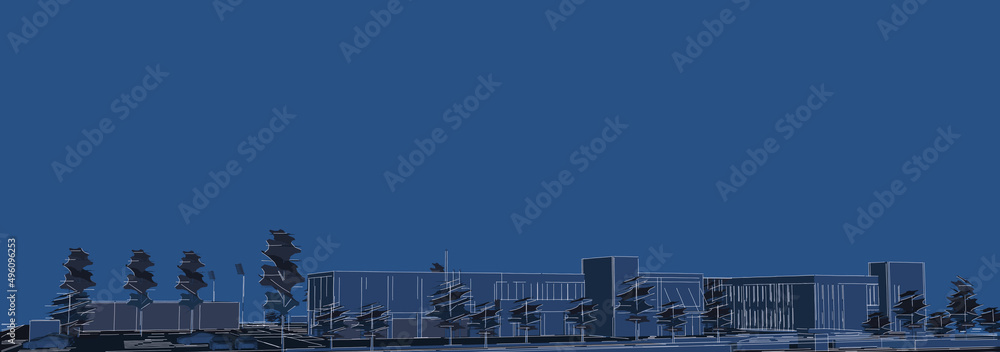 Poster abstract 3d illustration of a small building from street level. perspective in blue print style.