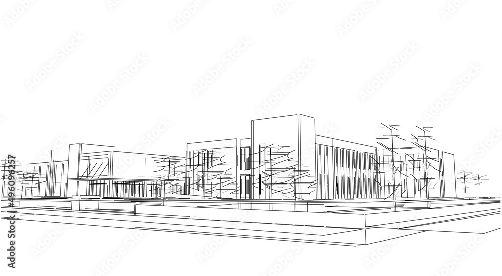 Poster abstract 3d illustration of a small building with two levels. corner perspective with abstract trees