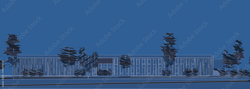 Poster abstract 3d illustration of a small building with two levels. facade perspective with abstract trees