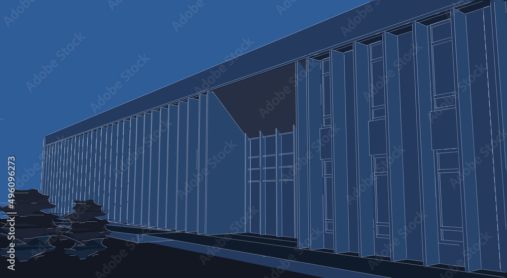 Poster abstract 3d illustration of a small building's entrance facade with two levels. partial perspective 