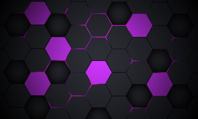 Dark gray and violet hexagonal technology abstract vector background with purple colored bright flashes under hexagon. Hexagonal gaming vector abstract background. Colorful honeycomb texture grid. © Biod