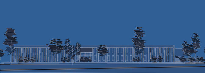 Abstract 3d illustration of a small building with two levels. Facade perspective with abstract trees. Perspective in blue print style. 
