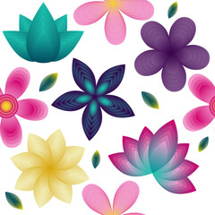 Exotic flowers seamless pattern on white background. Bright Vector illustration.