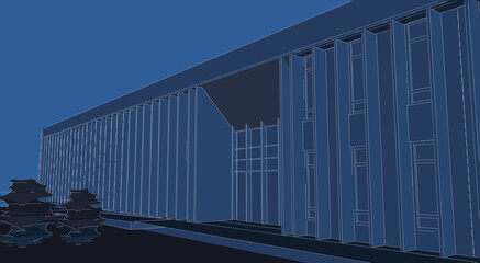 Abstract 3d illustration of a small building's entrance facade with two levels. Partial perspective with abstract trees. Image in blue print style. 