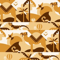 Desert geometric vector seamless pattern with camel, lizard, scorpion. Perfect for fabric, textile, wallpaper.