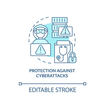 Protection Against Cyberattacks Turquoise Concept Icon. Electronic Health Records Abstract Idea Thin Line Illustration. Isolated Outline Drawing. Editable Stroke. Arial, Myriad Pro-Bold Fonts Used