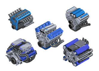 Car engine in isometry. Set of engines of different levels on white background. Detailed 3d engine in cartoon style. Tuned engine. EPS 10 vector illustration