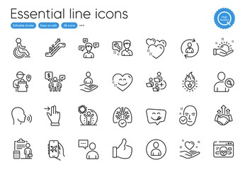 Avatar, Add team and Recruitment line icons. Collection of Coronavirus protection, Smile chat, Conversation messages icons. Flight mode, Hold heart, Heart web elements. Disability. Vector