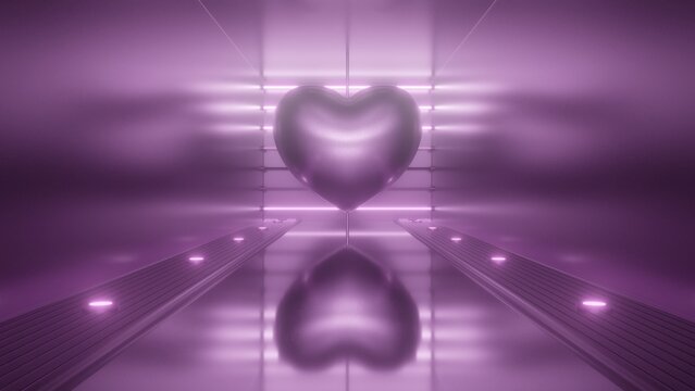 Spinning Metallic Heart in Pink Glowing Neon Futuristic Mirror Room - Abstract Background Texture