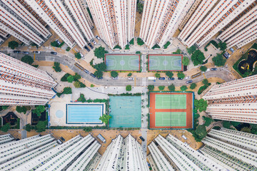 Amazing view of playground between buildings, Hong Kong, drone shot © gormakuma