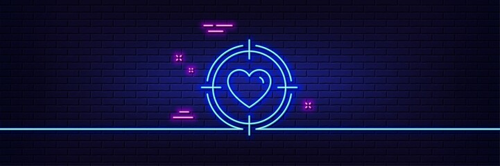 Neon light glow effect. Heart in Target aim line icon. Love dating symbol. Valentines day sign. 3d line neon glow icon. Brick wall banner. Valentine target outline. Vector