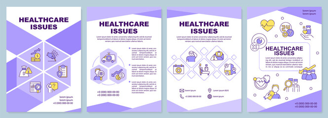 Healthcare issues purple brochure template. Health insurance plan. Leaflet design with linear icons. 4 vector layouts for presentation, annual reports. Arial-Black, Myriad Pro-Regular fonts used