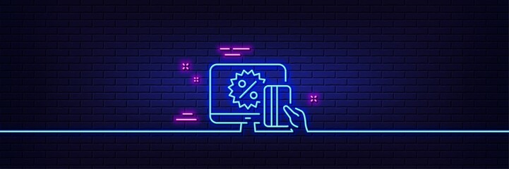 Neon light glow effect. Online shopping line icon. Sale discount sign. Black friday symbol. 3d line neon glow icon. Brick wall banner. Online shopping outline. Vector