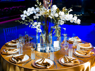 Decorated catering banquet table with different food appetizers assortment on a party