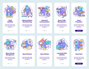 Obraz na płótnie Canvas Space exploration technologies onboarding mobile app screen set. Cosmos walkthrough 5 steps graphic instructions pages with linear concepts. UI, UX, GUI template. Myriad Pro-Bold, Regular fonts used